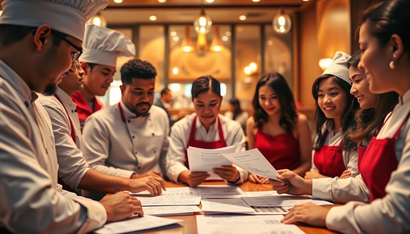 Engaged team discussing merchant cash advance for restaurants in a lively setting.