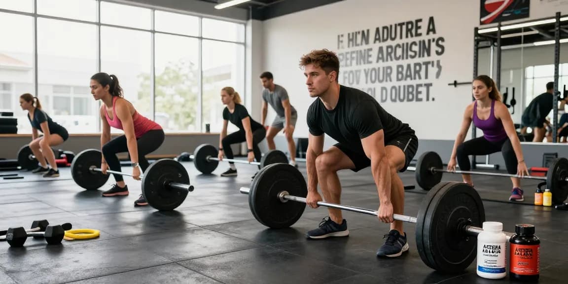 A vibrant gym scene highlighting Astera Shop products with athletic individuals in action, showcasing health and fitness.