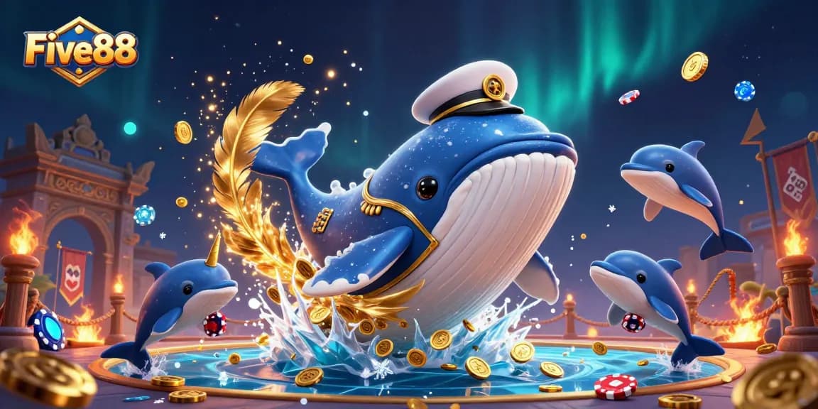 Five88 enhances your gaming experience with a dynamic scene featuring a whale, narwhal, and dolphins amidst gold coins.