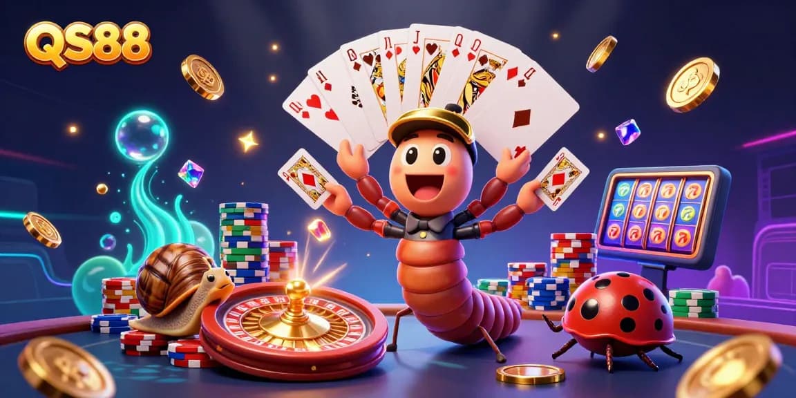 Join QS88 in this vibrant casino scene featuring a millipede dealer and exciting game elements.