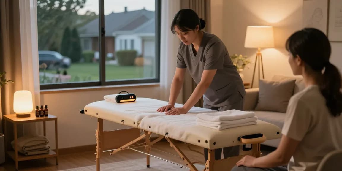 부평출장마사지 service setup in a tranquil living room, showcasing relaxation and professionalism.