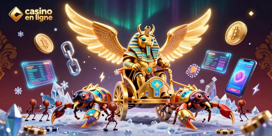 Visitez notre casino en ligne, où un scarabée doré en armure pharaonique engage une aventure pleine de gains.