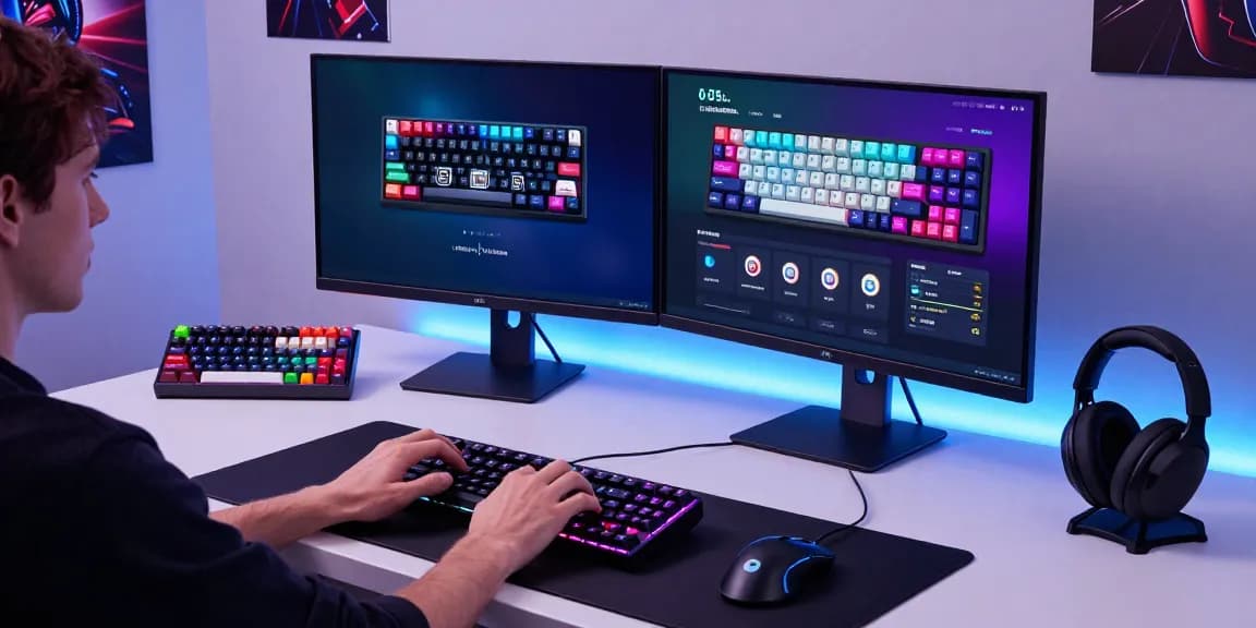 Customizing a 65 keyboard in a modern gaming workspace with RGB lighting and tech accessories.