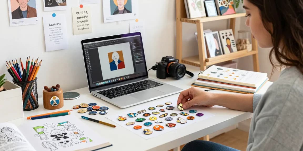 Custom pins artistically displayed on a workspace table, showcasing vibrant designs and creativity.