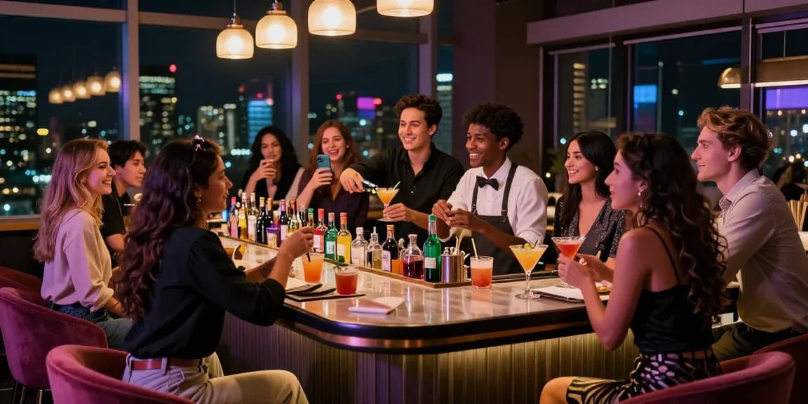 Vibrant scene at a 유흥사이트 where friends enjoy cocktails and laughter in a lively atmosphere.
