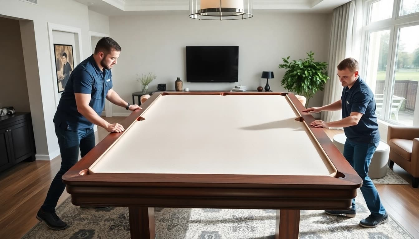 Skilled pool table movers dallas safely relocating a slate table in a home setting.
