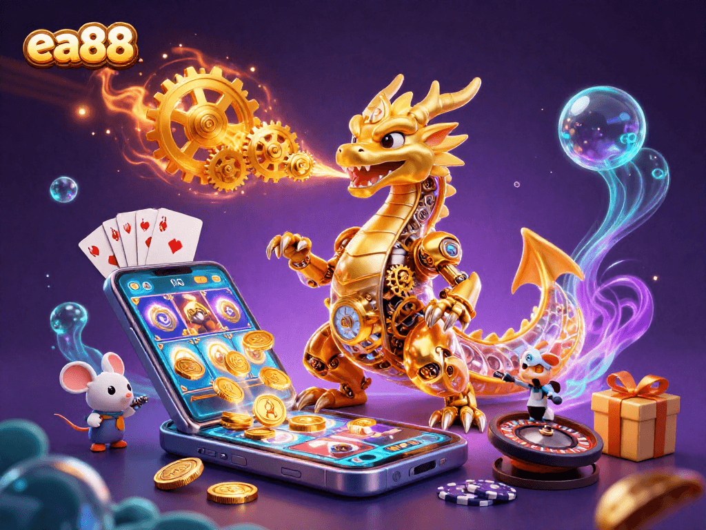 Experience the thrilling ea88 gaming world with a golden dragon and enchanting casino elements.