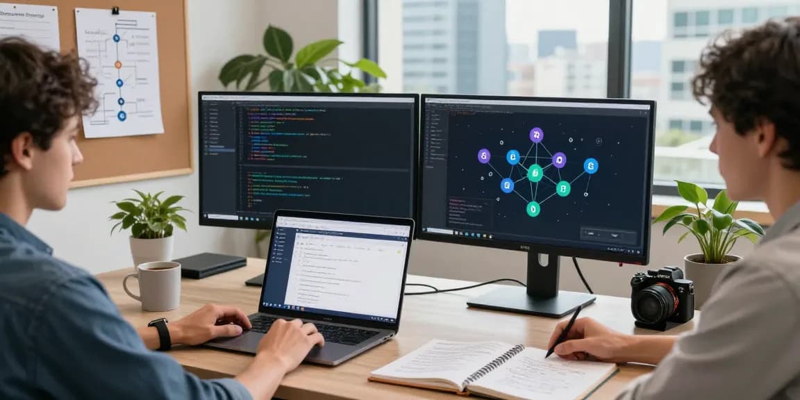 Bungeeexchange workspace showcasing a developer navigating cross-chain transactions with multiple monitors and blockchain visuals.