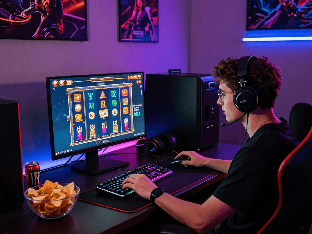 Pengalaman bermain situs slot yang menarik dengan gamer fokus di depan layar komputer, aksesori permainan di sekitar, dan suasana pencahayaan neon.