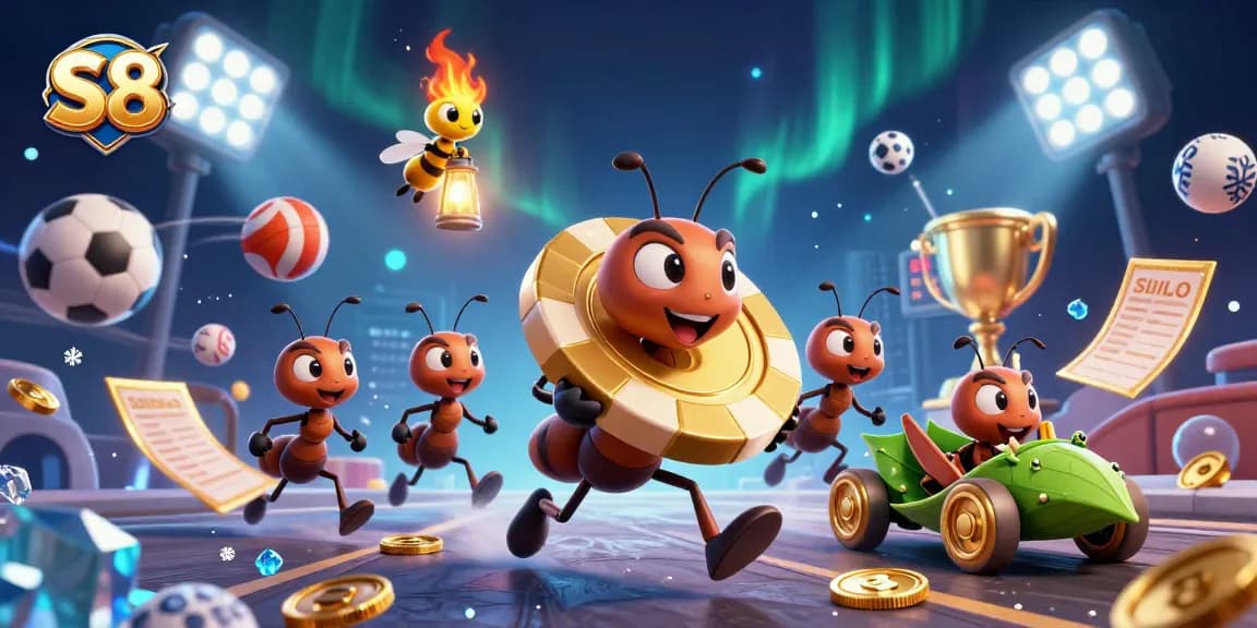 Join the adventure with S8 as ants carry a giant poker chip in a bustling casino scene.