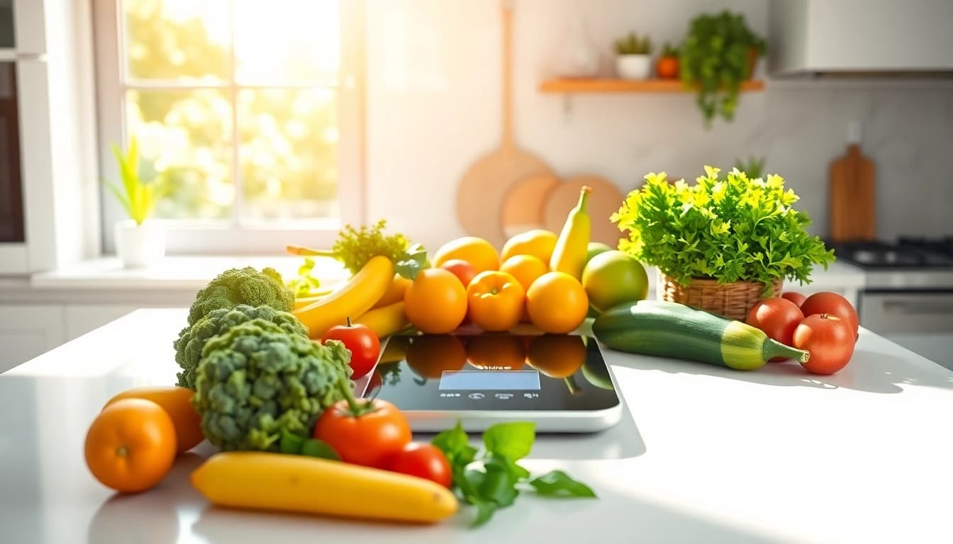 A high-tech display of ai nutrition tools in a bright kitchen, symbolizing healthy eating.