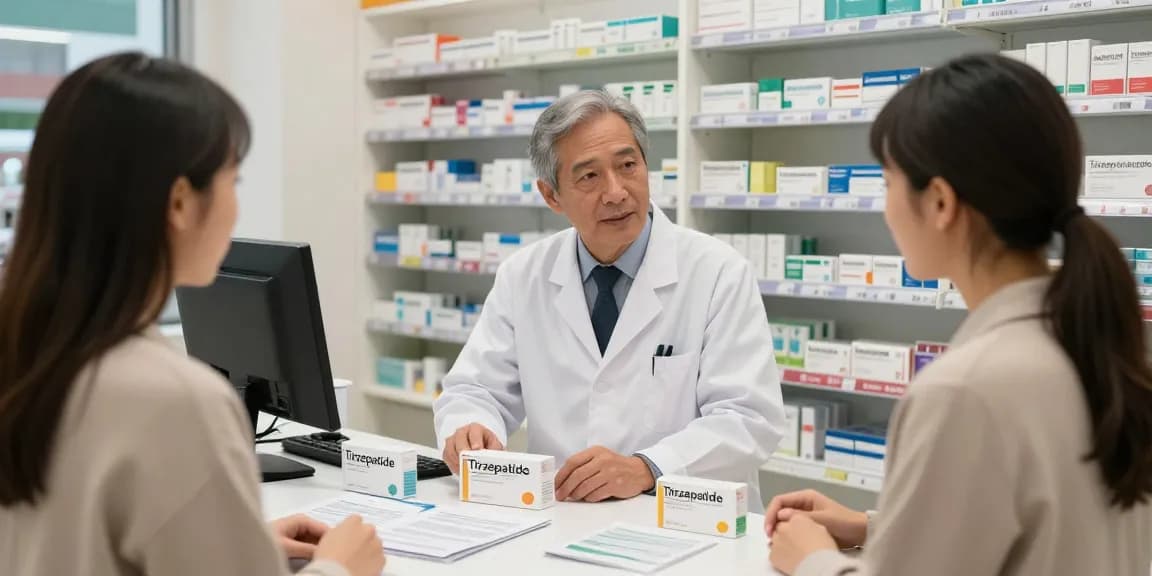 Tirzepatide for sale in a modern pharmacy, pharmacist consulting a customer about medication.