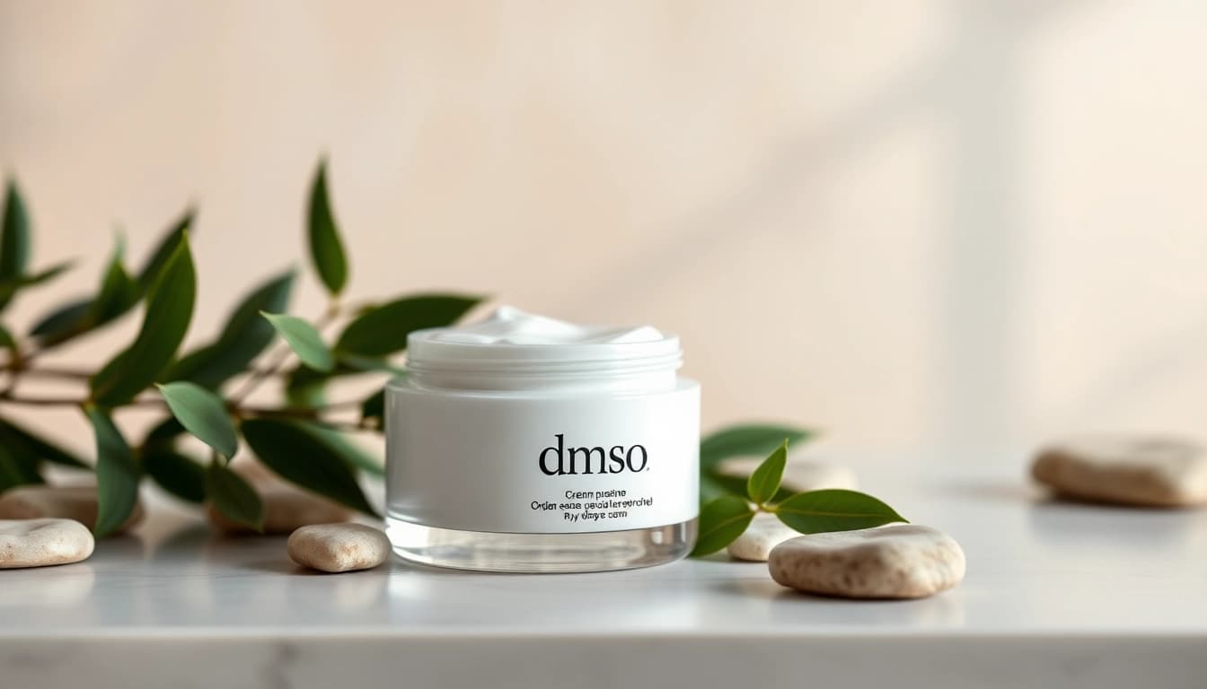 Promote dmso cream showcased elegantly with natural elements for a soothing atmosphere.