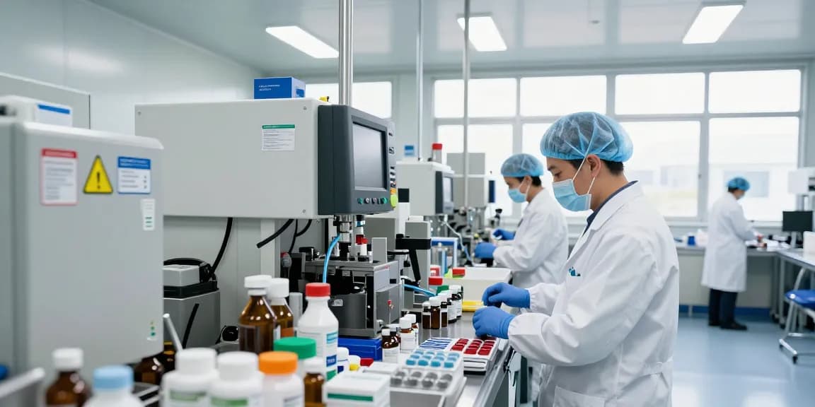 Pharmaceutical contractor South Africa team inspecting vials in a modern manufacturing facility.