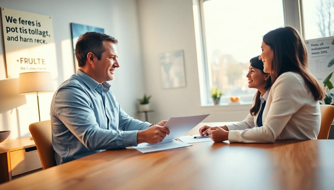 Engaging conversation with a Life insurance broker near me in a professional office setting.