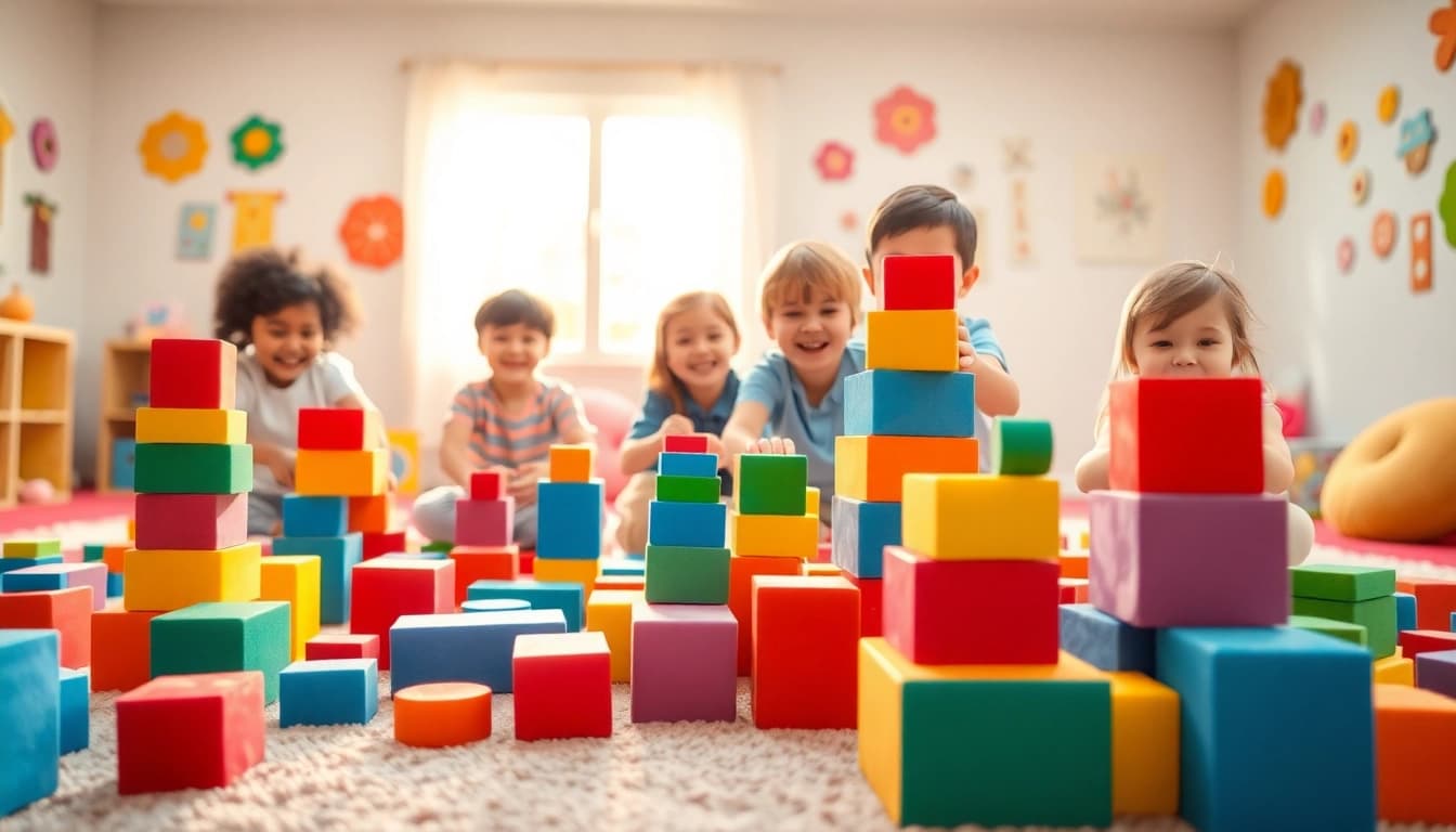 Engaging children play with soft foam building blocks to read more here for creative ideas.