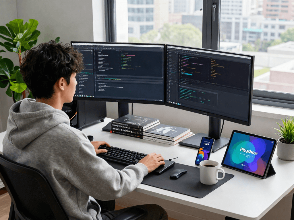 Engaging tech workspace showcasing a developer using Pikashow APK on dual monitors, highlighting a modern coding environment.