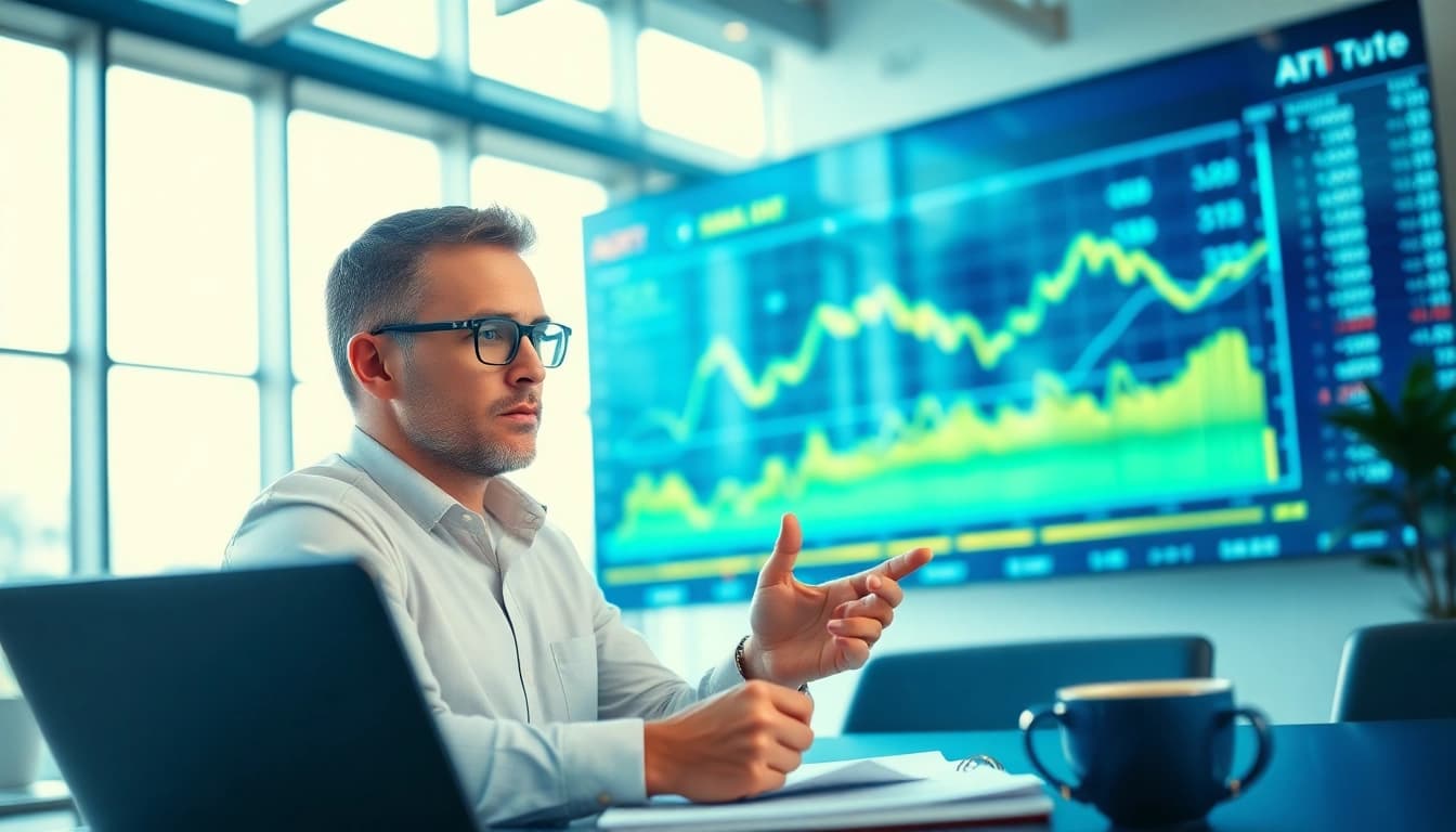 Engaged professional in AI Investing analyzing data trends with high-tech tools in a bright office.