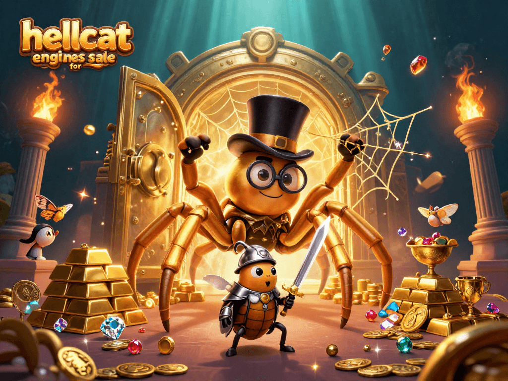 Engaging scene showcasing hellcat engines for sale as a golden tarantula weaves a web of fortune in a casino setting.