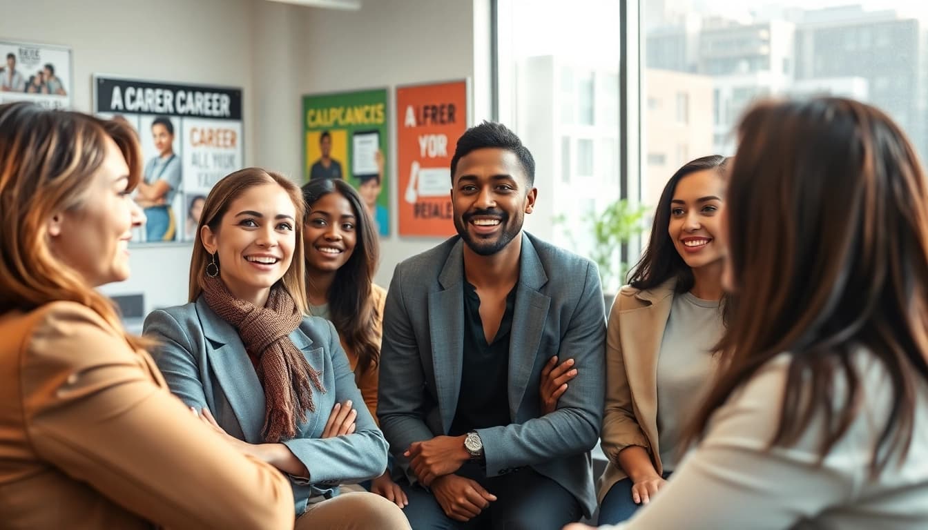 How to find my perfect career illustrated by a diverse group engaging with a career advisor.