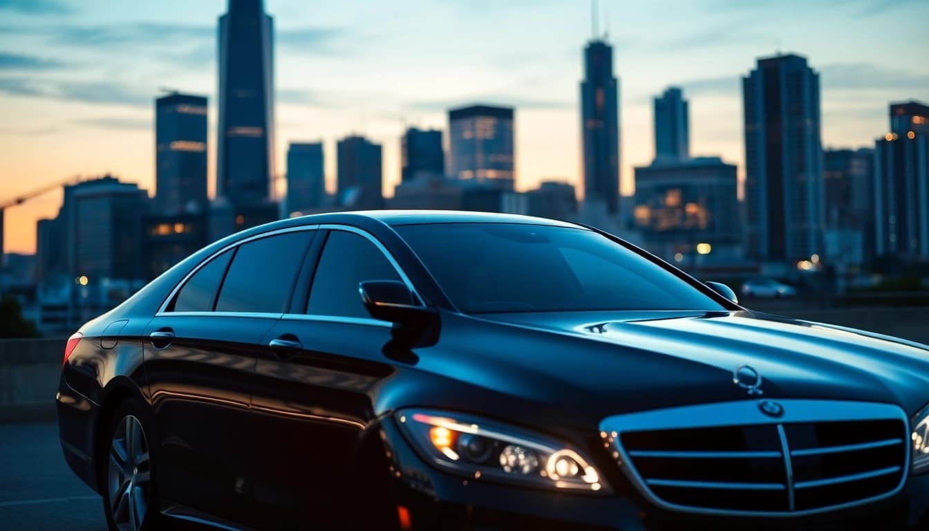 Experience premium black car service with a professional chauffeur and elegant sedan in a cityscape.