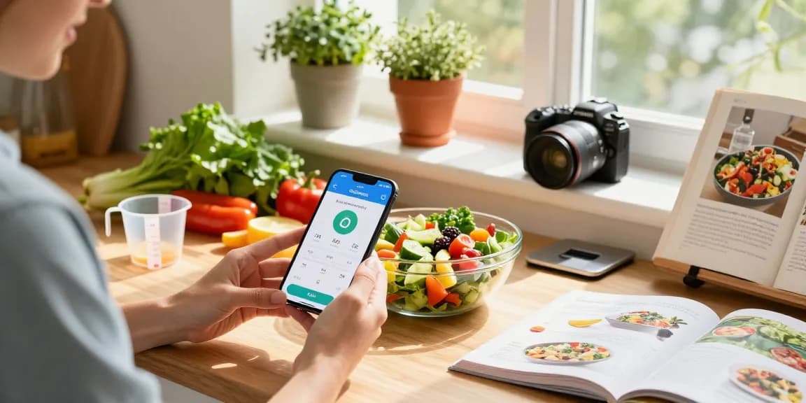 Using the best calorie tracker app to prepare a healthy meal with fresh ingredients in a bright kitchen.
