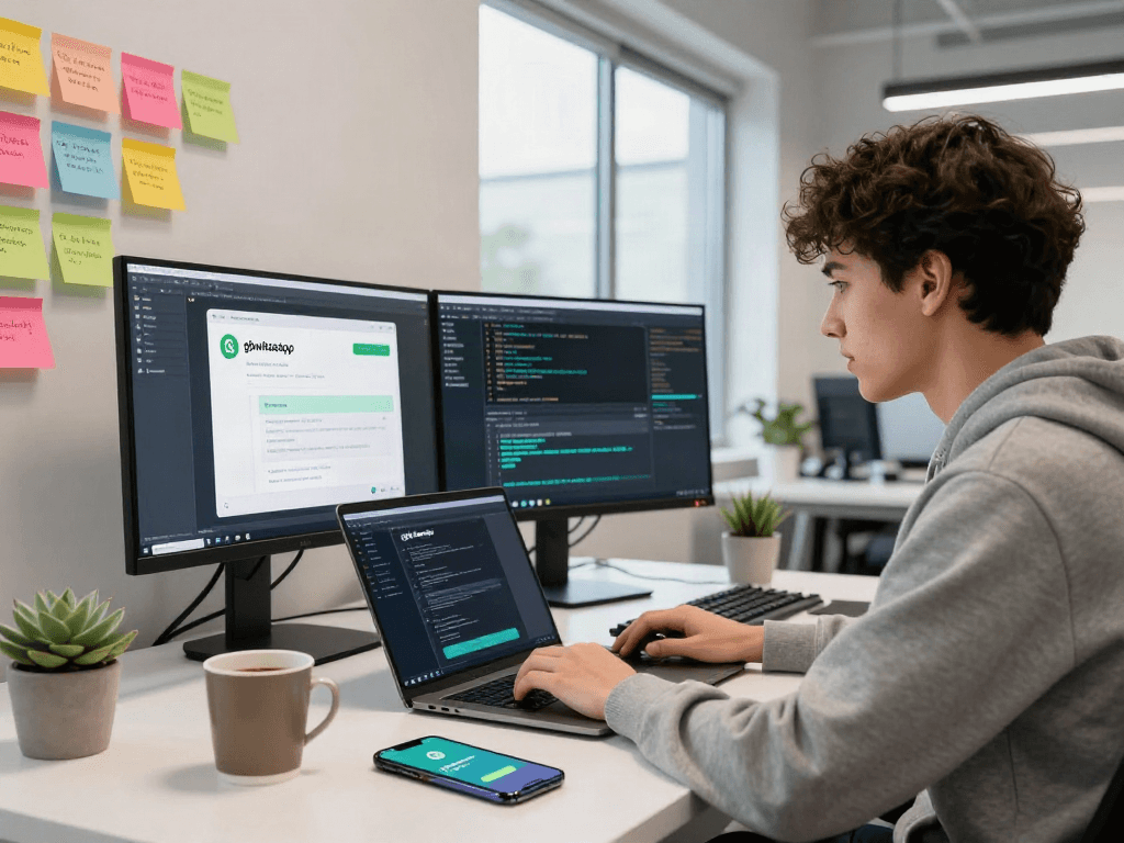 Developer working on gbwhatsapp app designs in a modern office setting, showcasing coding screens and vibrant workspace elements.