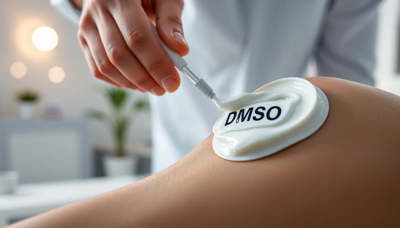Applying DMSO for pain relief on a joint in a clinical setting.
