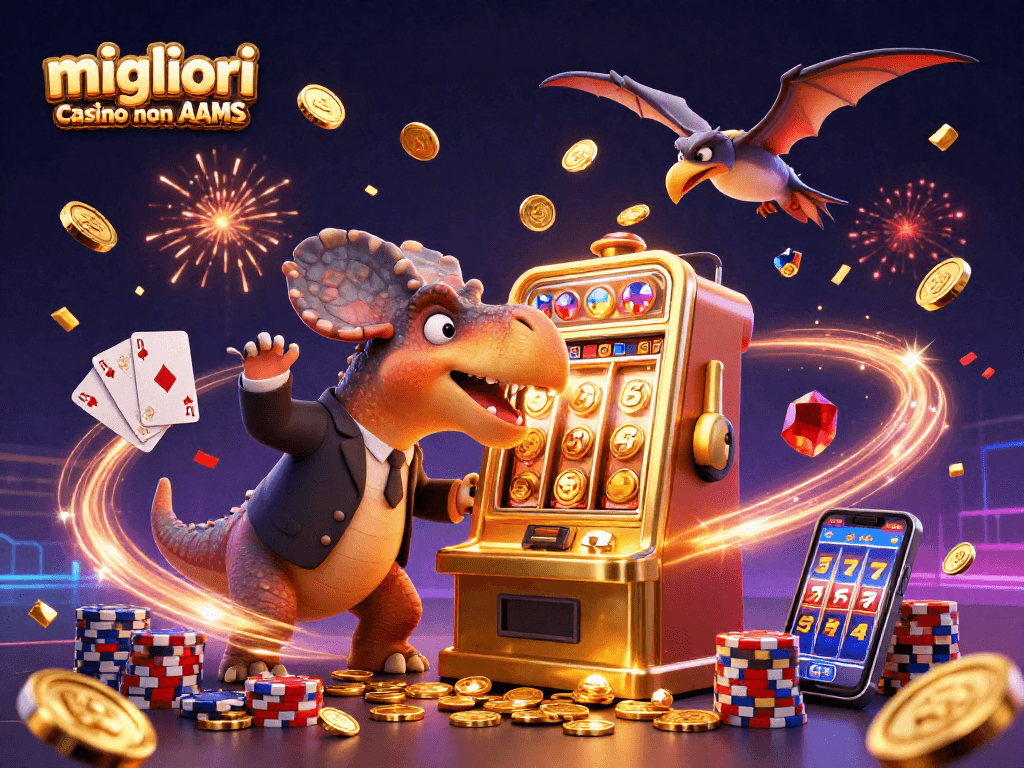 Scopri i migliori casino non AAMS con un pachicefalo che colpisce una slot machine e fa piovere monete d'oro.