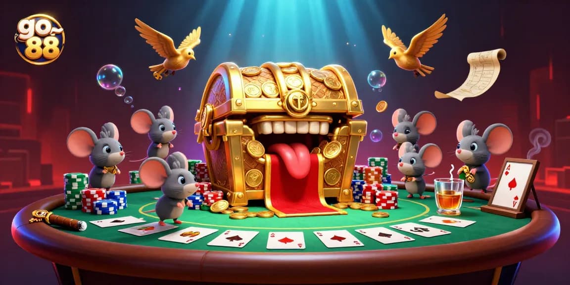 Experience the thrill of go 88 with a vibrant cartoon scene featuring exciting poker action and treasure.