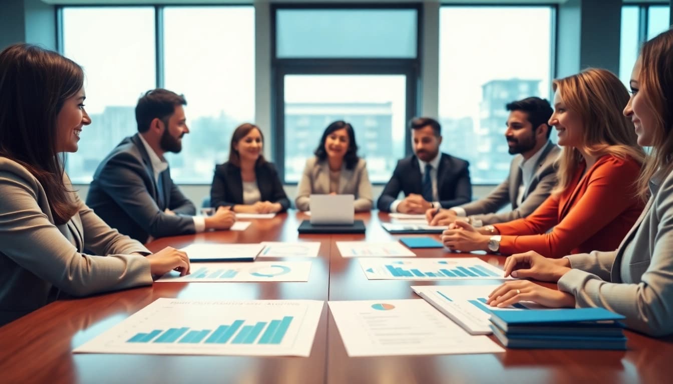 Engaging professionals discussing innovative merchant cash advance leads solutions in a bright office.