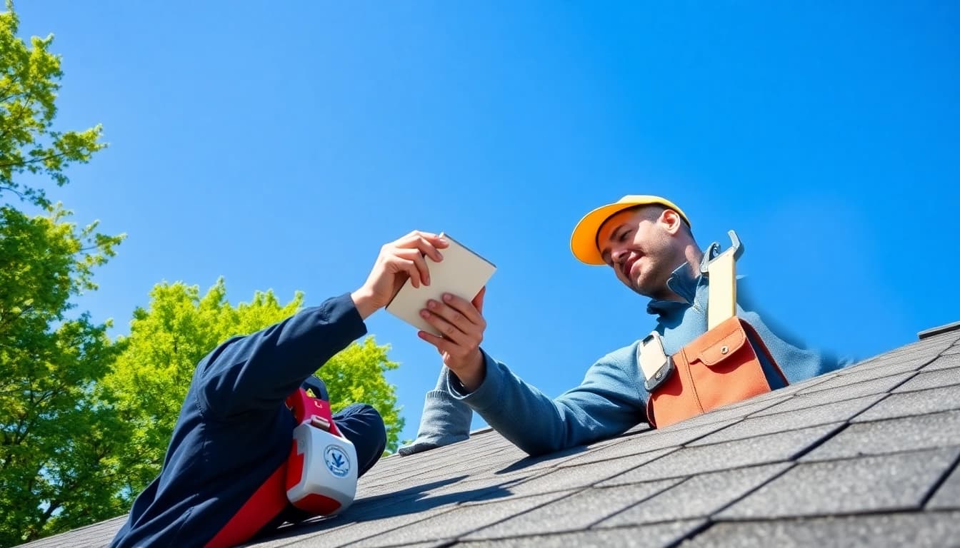 Skilled professional performing twinsburg oh roof repairs on a sunny day.