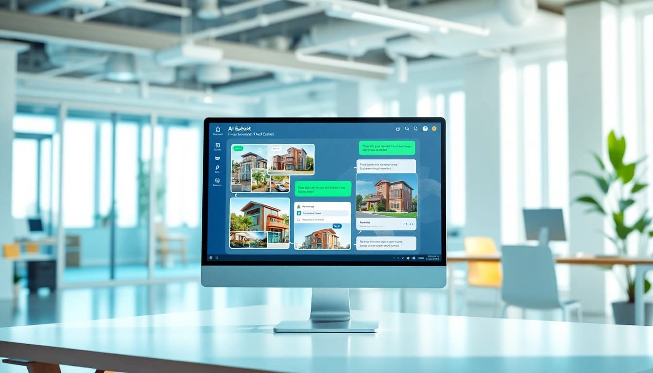 Engaging AI chatbot for real estate lead capture assisting clients in a bright office environment.