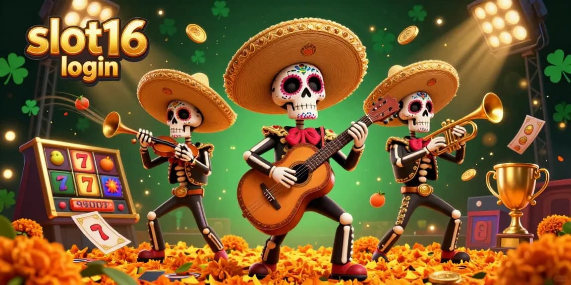 Experience the vibrant action of slot16 login with vivid mariachi skeletons and playful slot motifs.