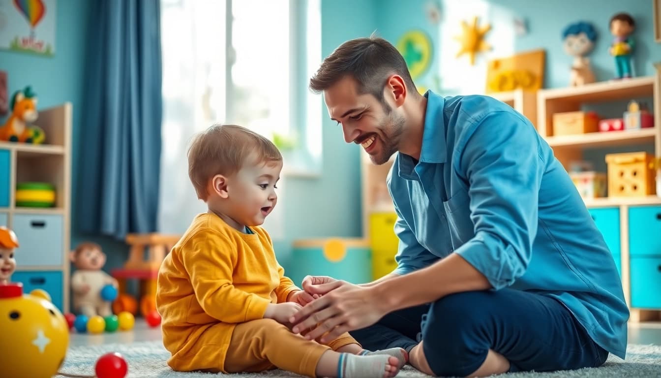 Engaging ABA therapy for kids session with a child and a therapist in a bright, colorful room.