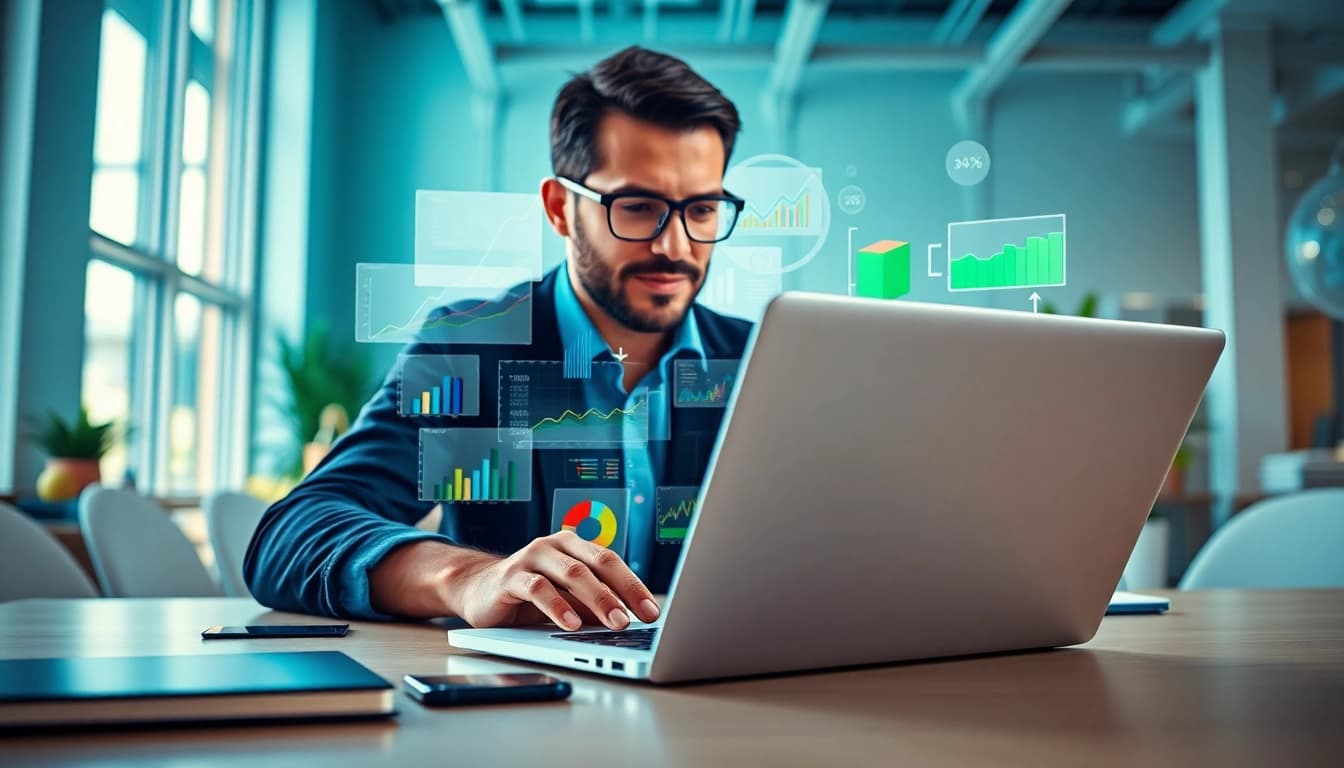 Showcasing Digital Media Services through a focused marketing strategist in a modern office.