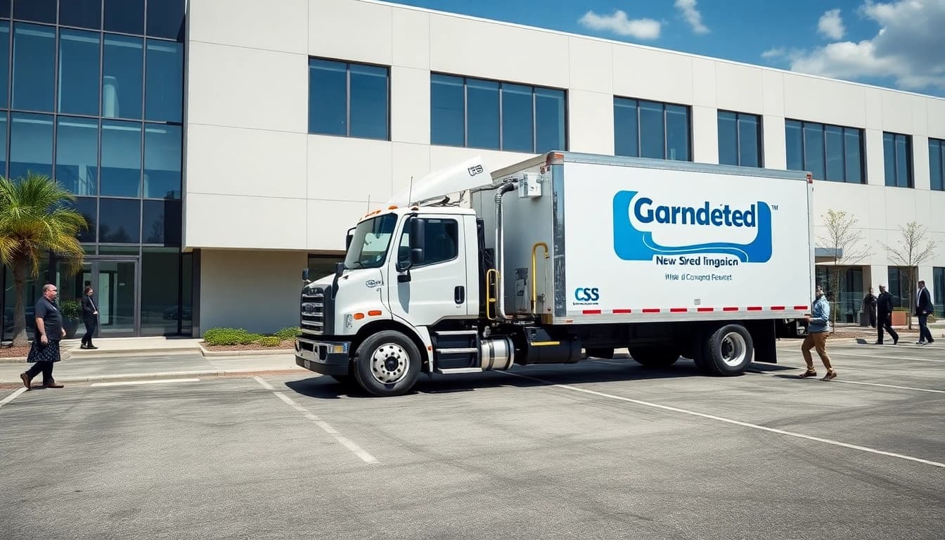 Secure on-site shredding Cleveland featuring a mobile shredding truck in an office parking lot.