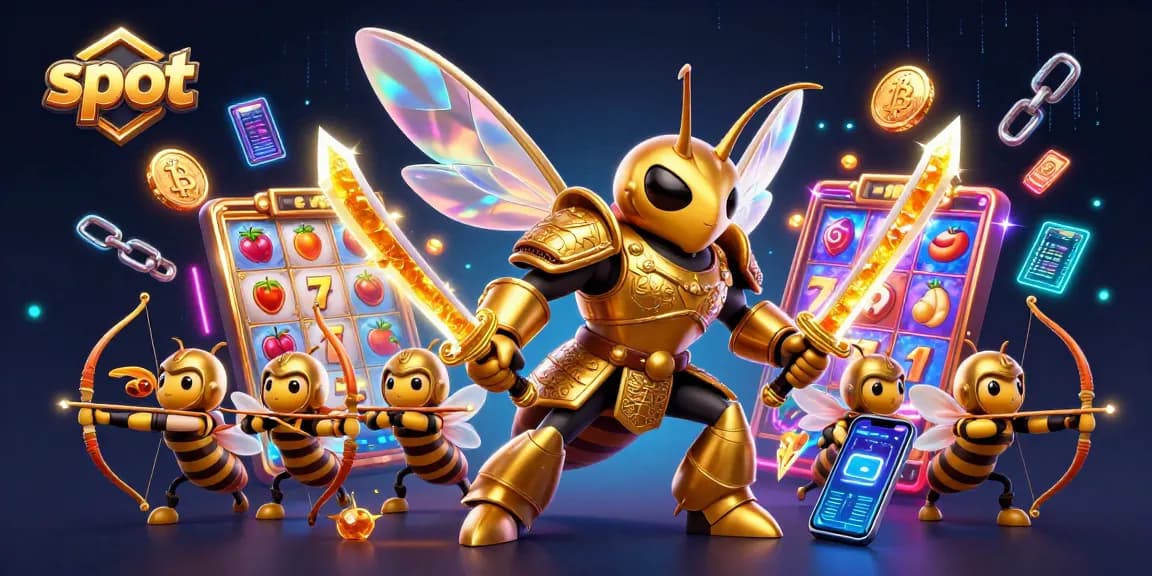 Engage with slot reels and vibrant symbols in a captivating scene featuring a golden hornet and bee archers.