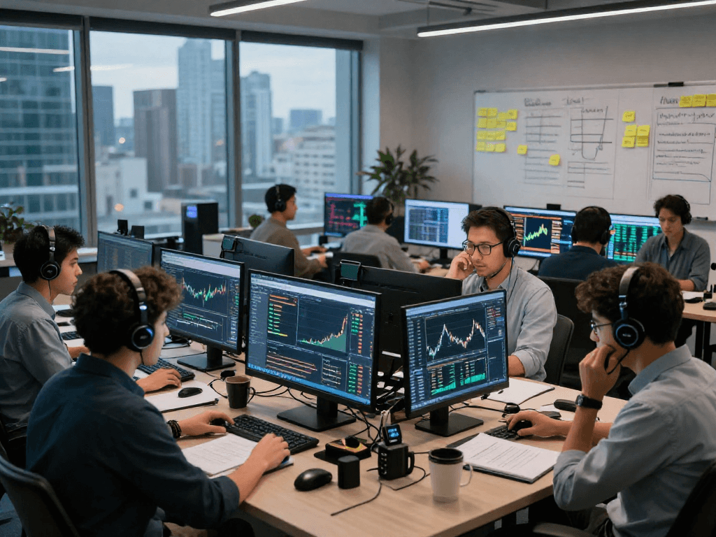 Analistas trabajando en sala de trading de Immediate Edge, con pantallas de datos financieros y gráficos.