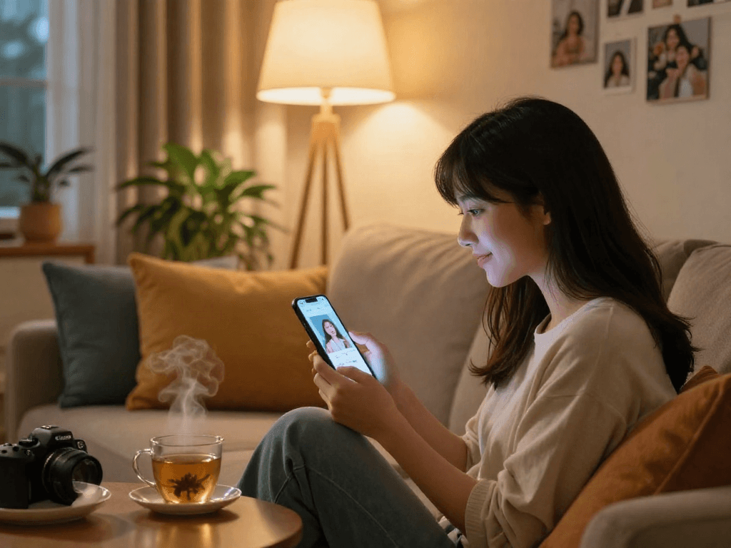 Young woman engaging with a girlfriend AI app in a cozy living room.
