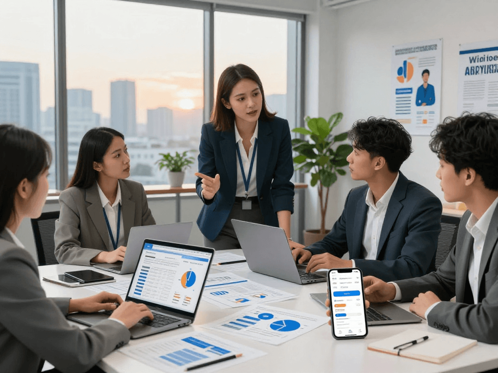 Buy app installs with a diverse marketing team collaborating in a modern office.