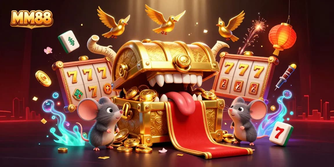 Experience the thrill of MM88 with vibrant slot reels and golden treasures inviting players.