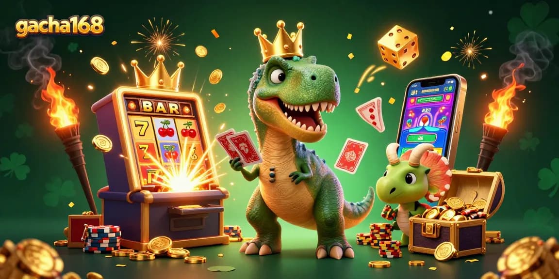 Experience thrilling gameplay at gacha168 with 3D cartoon characters surrounded by vibrant casino elements.
