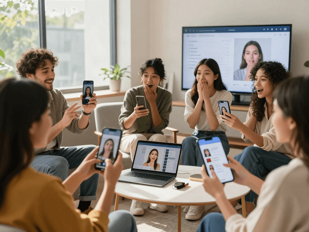 Users engaging with an AI-powered test of attractiveness on their devices, showcasing diverse interactions.