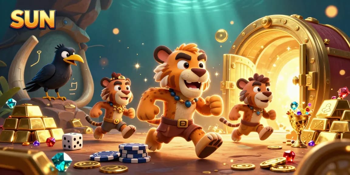 Experience rich casino adventures with sun-themed treasures and whimsical characters in this vibrant illustration.