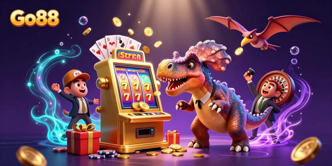 Go88 showcases a lively 3D scene with characters winning coins at a slot machine.