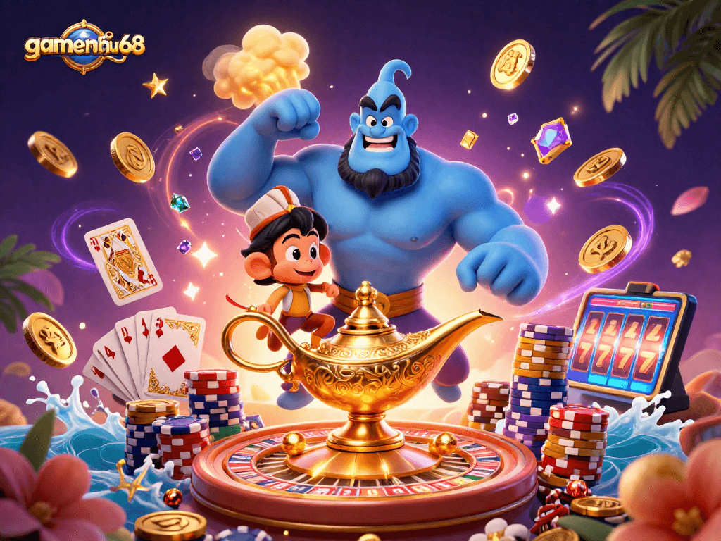 Experience gaming excitement with gamenohu68's 3D scene featuring a cartoon genie, poker chips and casino elements.