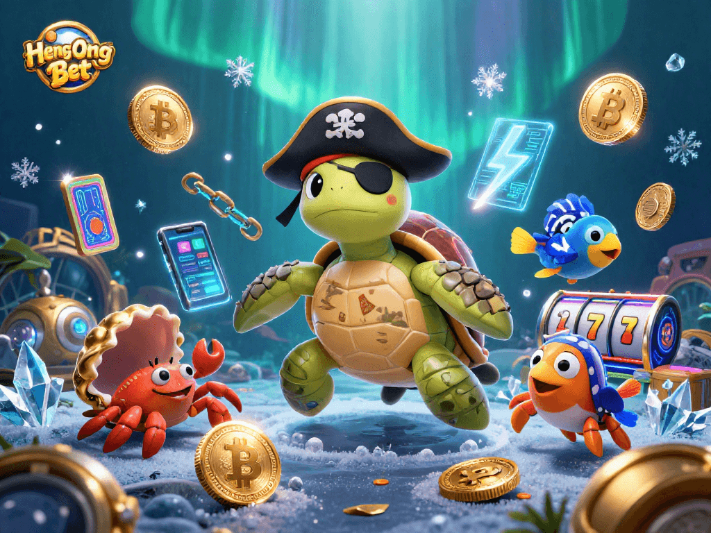 Engage in thrilling gaming with Heng Ong Bet, featuring a pirate turtle and vibrant casino elements.