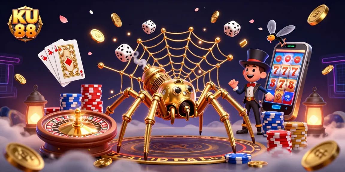 Experience dynamic gaming excitement with KU 88, featuring a golden steampunk spider and casino elements.