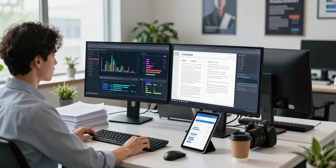 Document fraud detection technology in a modern office with analyst reviewing data on dual monitors.